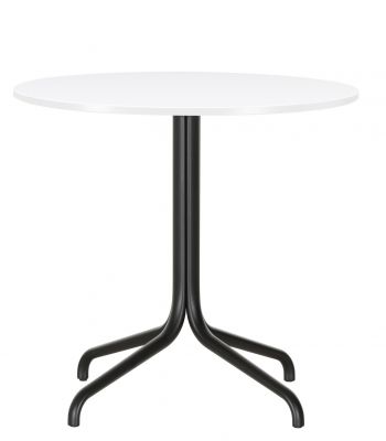 Weißer Belleville Tisch mit rundem Tischblatt und schwarzem Metallgestell für Esszimmer und Küche.